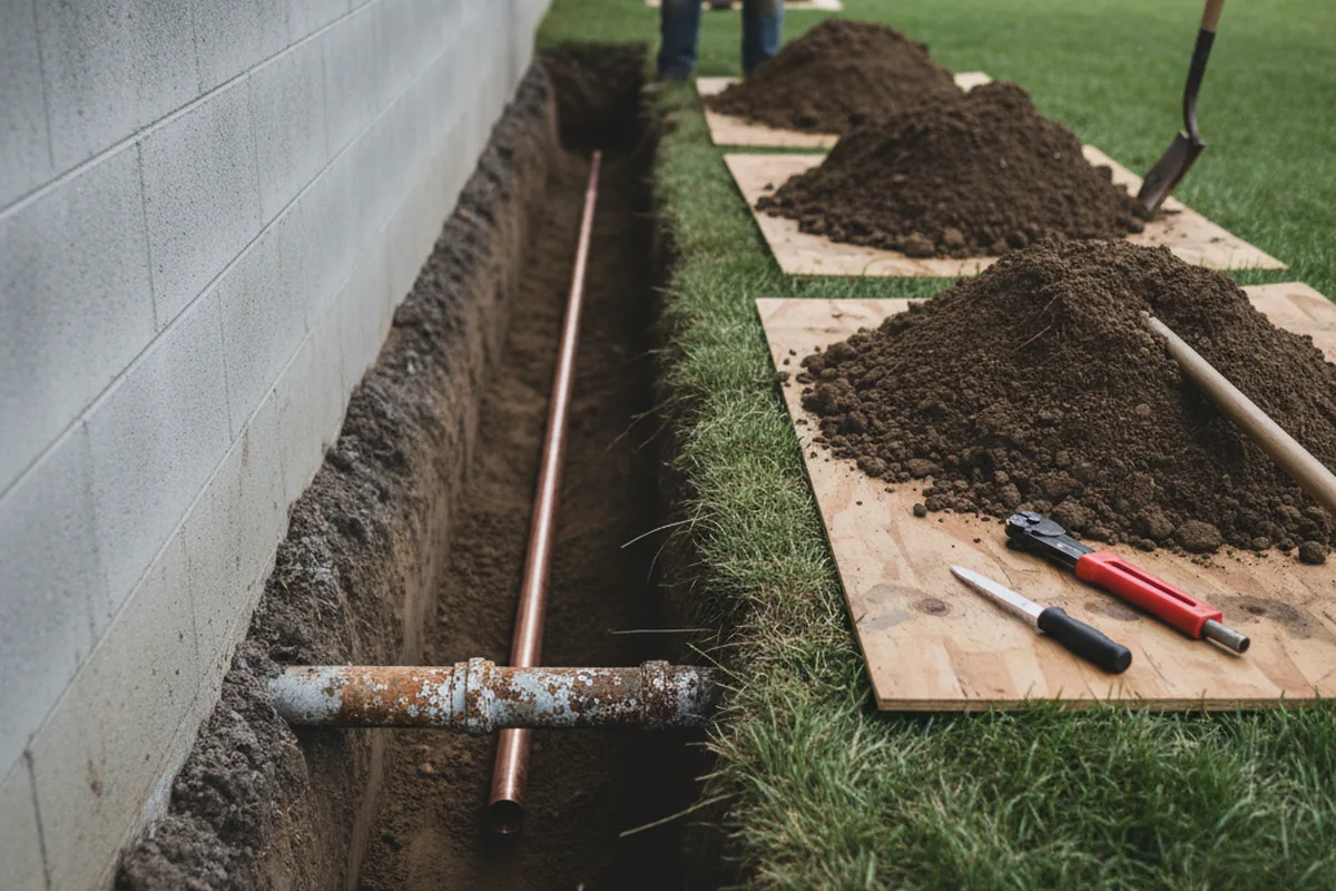 Excavated water line trench during Water Softener Installation in Bowersville